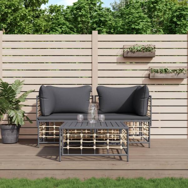 ARDEBO.de - 3-tlg. Garten-Lounge-Set mit Kissen Anthrazit Poly Rattan