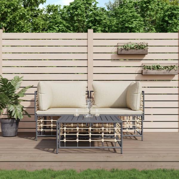 ARDEBO.de - 3-tlg. Garten-Lounge-Set mit Kissen Anthrazit Poly Rattan