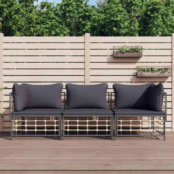 ARDEBO.de - 3-tlg. Garten-Lounge-Set mit Kissen Anthrazit Poly Rattan