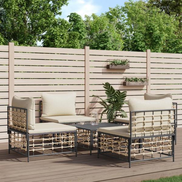 ARDEBO.de - 5-tlg. Garten-Lounge-Set mit Kissen Anthrazit Poly Rattan