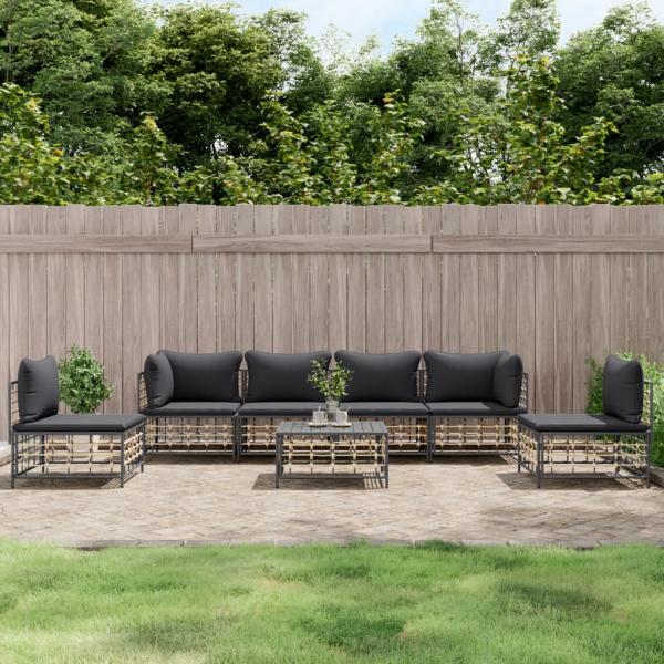 ARDEBO.de - 7-tlg. Garten-Lounge-Set mit Kissen Anthrazit Poly Rattan