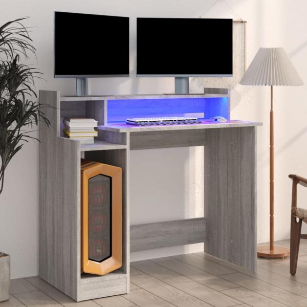 ARDEBO.de - Schreibtisch mit LEDs Grau Sonoma 97x45x90 cm Holzwerkstoff