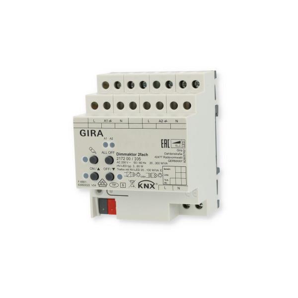 Gira 217200 KNX Dimmaktor 2fach, 2 x 300 W/VA, 4TE