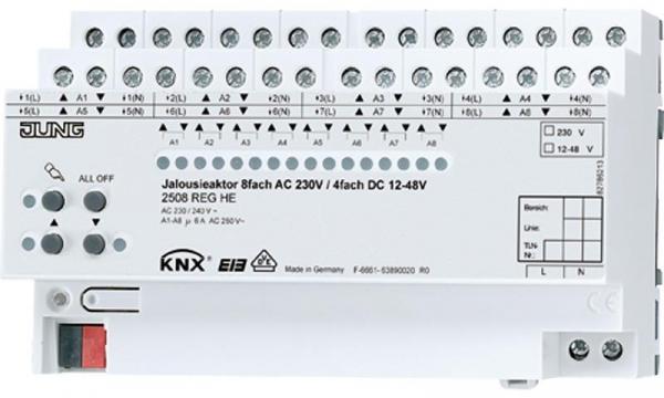 ARDEBO.de Jung 2508REGHE KNX Jalousieaktor 8fach AC 230 V, 4fach DC 12-48 V, REG Reiheneinbaugeräte