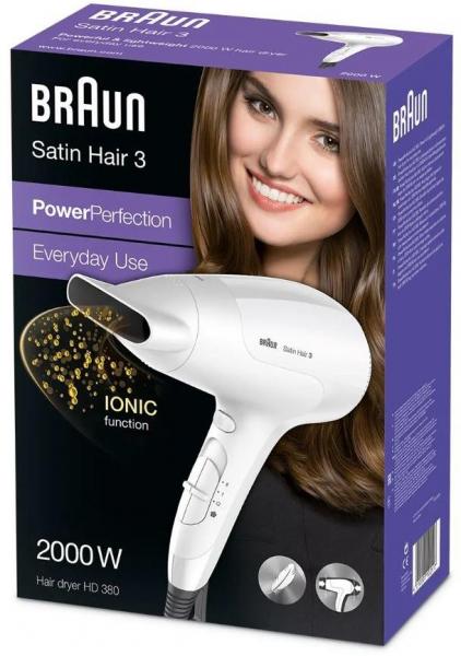 Braun Satin Hair 3 PowerPerfection HD380 Haartrockner, 2000 W, Ionen-Funktion, Styling-Düse, Infrarot-Heizsystem, weiß