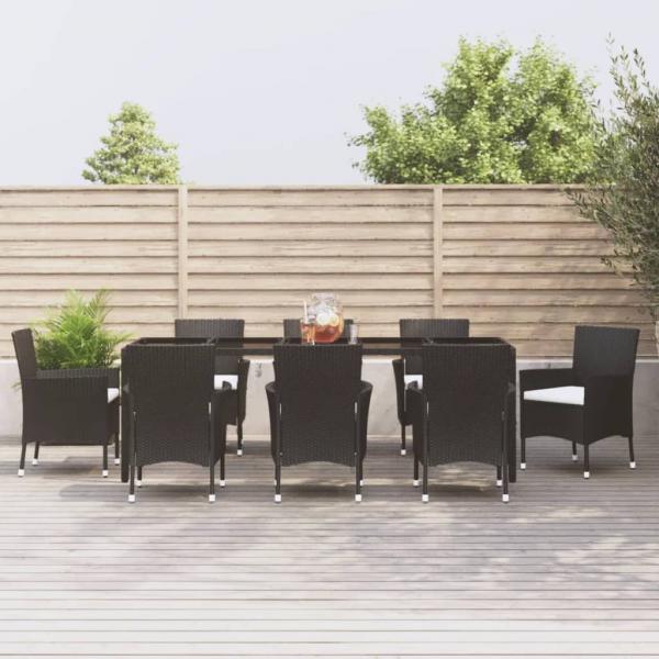 ARDEBO.de - 9-tlg. Garten-Essgruppe mit Kissen Schwarz Poly Rattan