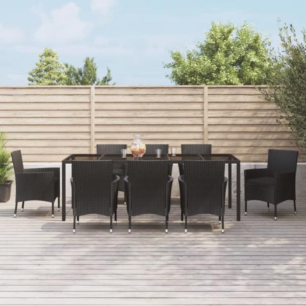 ARDEBO.de - 9-tlg. Garten-Essgruppe mit Kissen Schwarz Poly Rattan