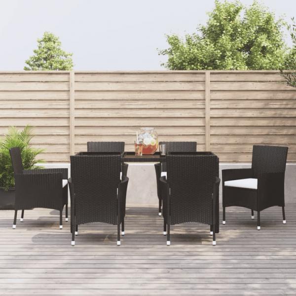 ARDEBO.de - 7-tlg. Garten-Essgruppe mit Kissen Schwarz Poly Rattan