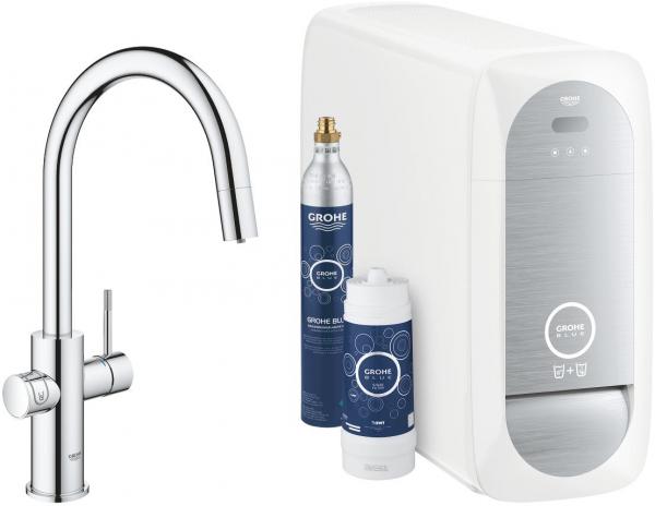 ARDEBO.de GROHE Blue Home Starter Kit, C-Auslauf, herausziehbarer Mousseurauslauf, bis 150° schwenkbar, chrom (31541000)