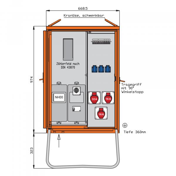 ARDEBO.de - WAV0100R1 Anschlussverteilerschrank 22kVA mit Zählerplatz, RCD TypB, 3 CEE-Abgän