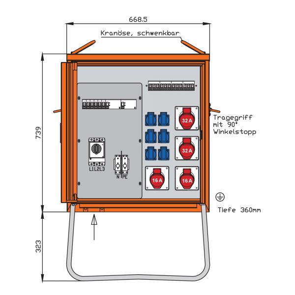 ARDEBO.de - WV0315R1 Verteilerschrank 44kVA mit RCD Typ B und RCD Typ A, 10 LS, 4 CEE-Abgäng