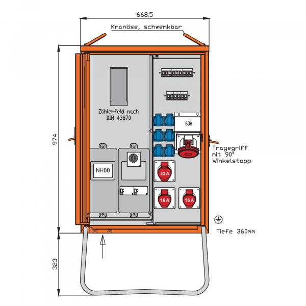 ARDEBO.de - WAV0170R1 Anschlussverteilerschrank 44kVA mit Zählerplatz, 2 RCDs TypB, 4 CEE-Ab