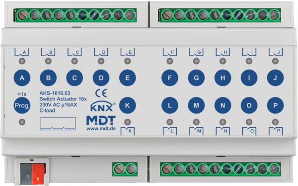 MDT technologies AKS-1616.03 Schaltaktor 16-fach, 8TE, REG, 16 A, 230 V AC, C-Last, Standard, 140