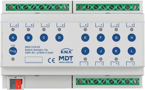 ARDEBO.de - AKS-1216.03 Schaltaktor 12-fach, 8TE, REG, 16 A, 230 V AC, C-Last, Standard, 140