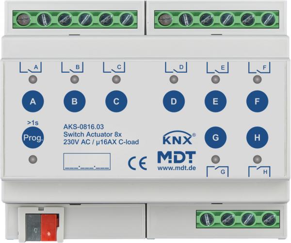 ARDEBO.de - AKS-0816.03 Schaltaktor 8-fach, 6TE, REG, 16 A, 230 V AC, C-Last, Standard, 140 