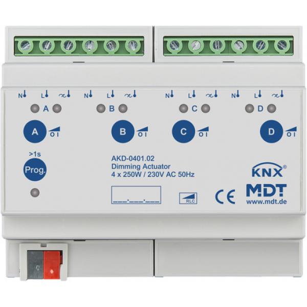 MDT technologies AKD-0401.02 Dimmaktor 4-fach, 6TE REG, 250 W, 230 V AC mit Wirkleistungsmessung