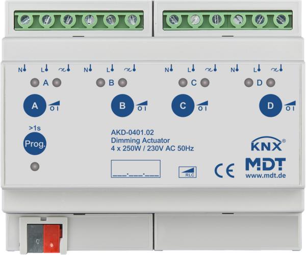 MDT technologies AKD-0401.02 Dimmaktor 4-fach, 6TE REG, 250 W, 230 V AC mit Wirkleistungsmessung