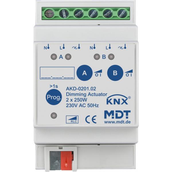 MDT technologies AKD-0201.02 Dimmaktor 2-fach, 3TE REG, 250 W, 230 V AC mit Wirkleistungsmessung