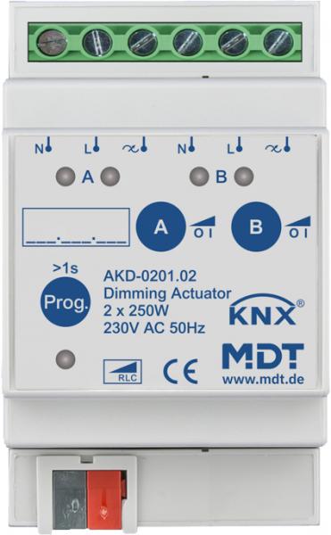 MDT technologies AKD-0201.02 Dimmaktor 2-fach, 3TE REG, 250 W, 230 V AC mit Wirkleistungsmessung