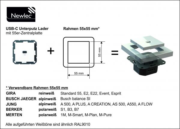 Newlec NSP55USBLC65.01 USB-C Unterputz Lader 65W mit PD, mit Normabdeckung 55x55mm, rei