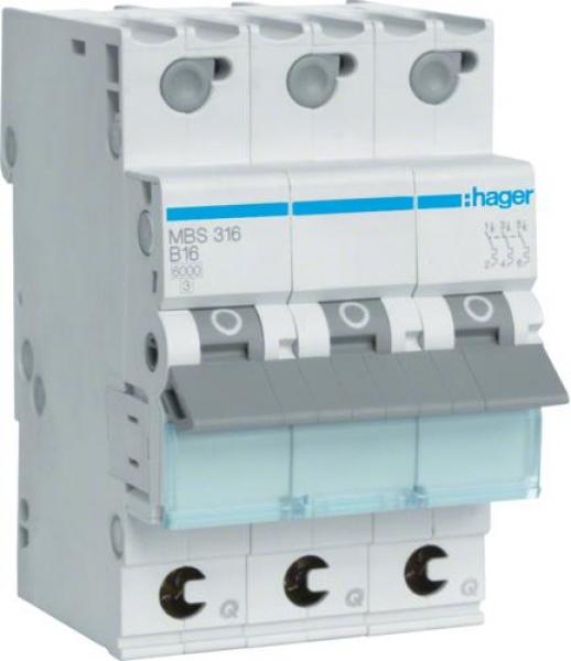 ARDEBO.de Hager MBS316 Leitungsschutzschalter 3-Polig, 6kA, B-Charakteristik, 16A, Quick Connect, 3 Module