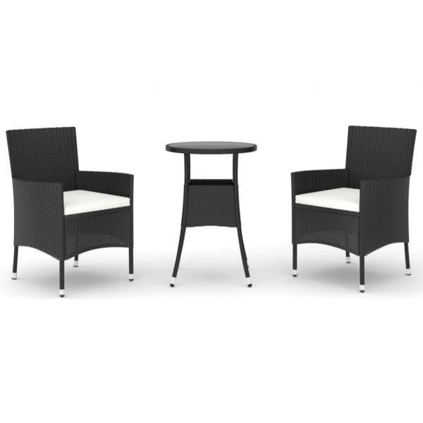 3-tlg. Garten-Bistro-Set mit Kissen Schwarz Poly Rattan