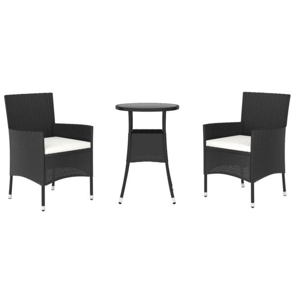 3-tlg. Garten-Bistro-Set mit Kissen Schwarz Poly Rattan