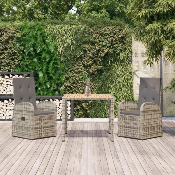 ARDEBO.de - 3-tlg. Garten-Essgruppe mit Kissen Grau Poly Rattan