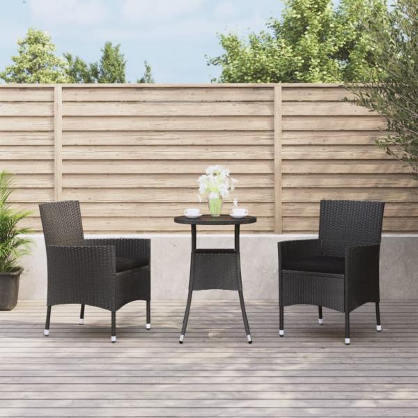 ARDEBO.de - 3-tlg. Garten-Bistro-Set mit Kissen Schwarz Poly Rattan