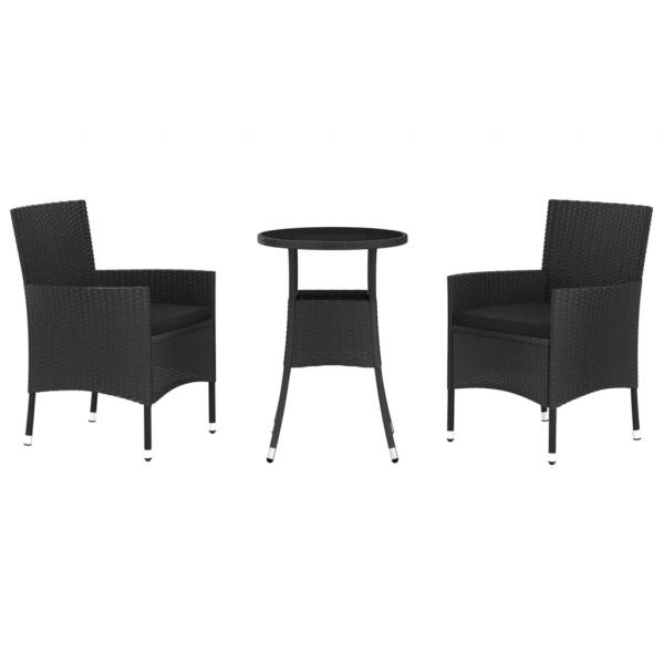 3-tlg. Garten-Bistro-Set mit Kissen Schwarz Poly Rattan