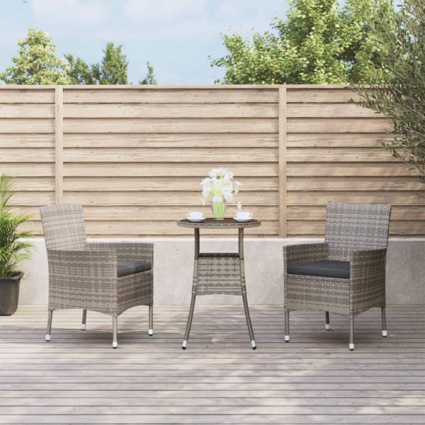 ARDEBO.de - 3-tlg. Garten-Bistro-Set mit Kissen Grau Poly Rattan