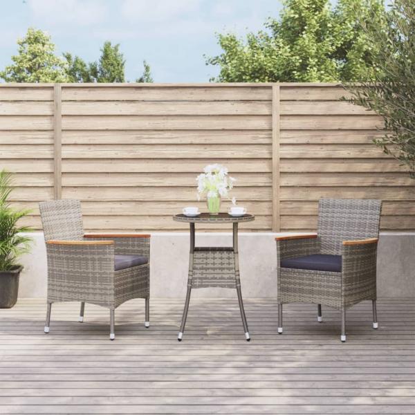 ARDEBO.de - 3-tlg. Garten-Bistro-Set mit Kissen Grau Poly Rattan