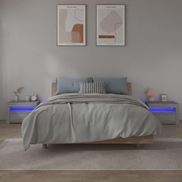 ARDEBO.de - Nachttische 2 Stk. mit LEDs Grau Sonoma 60x35x40 cm