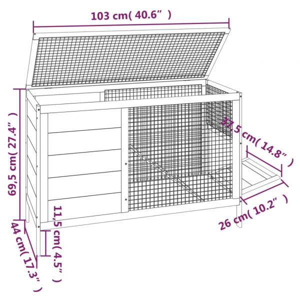 Kaninchenstall Grau 103x44x69,5 cm Massivholz Kiefer