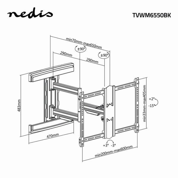 Vollbewegliche-TV-Wandhalterung | 37 - 80 " | maximal unterstützes Bildschirmgewicht: 50 kg | kippbar | drehbar | Minimaler Wandabstand: 70 mm | Maximaler Wandabstand: 650 mm | 3 Drehpunkt(e) | Stahl | Schwarz