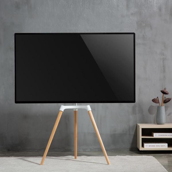 TV Bodenständer | 50 - 65 " | maximal unterstützes Bildschirmgewicht: 35 kg | Scandinavian Design | drehbar | Anti-Kipp-Gurt | Schnappverschluss | Aluminium / Stahl | Weiss