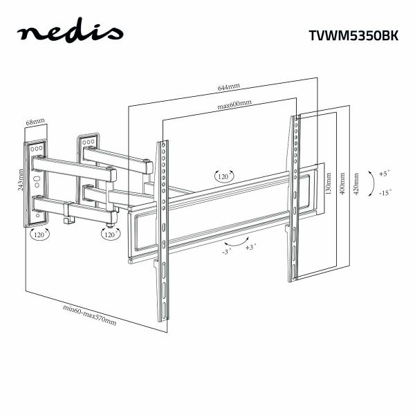 Vollbewegliche-TV-Wandhalterung | 32 - 70 " | maximal unterstützes Bildschirmgewicht: 40 kg | kippbar | drehbar | Minimaler Wandabstand: 80 mm | Maximaler Wandabstand: 520 mm | 3 Drehpunkt(e) | Stahl | Schwarz