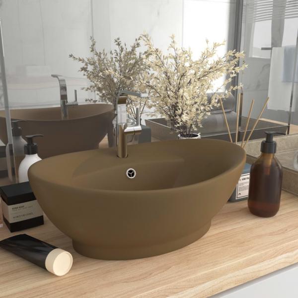 ARDEBO.de - Luxus-Waschbecken Überlauf Oval Matt Creme 58,5x39cm Keramik   