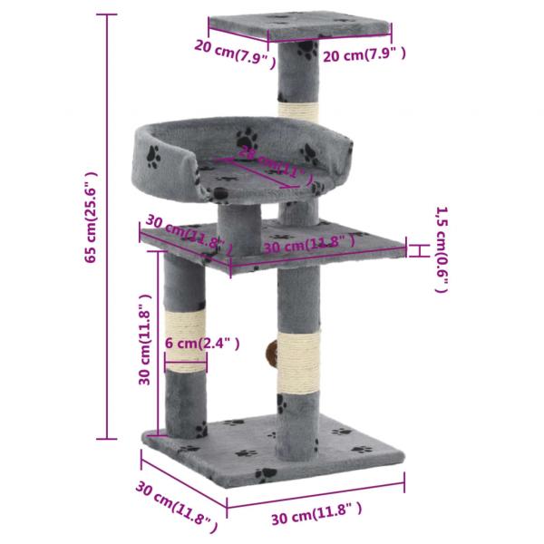 Katzen-Kratzbaum mit Sisal-Säulen 65 cm Pfoten-Aufdruck Grau