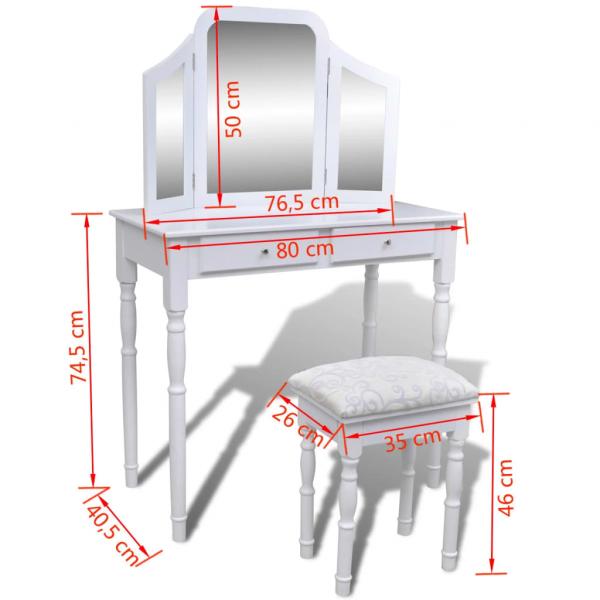 Schminktisch mit 3-in-1 Spiegel und Hocker 2 Schubladen Weiß  