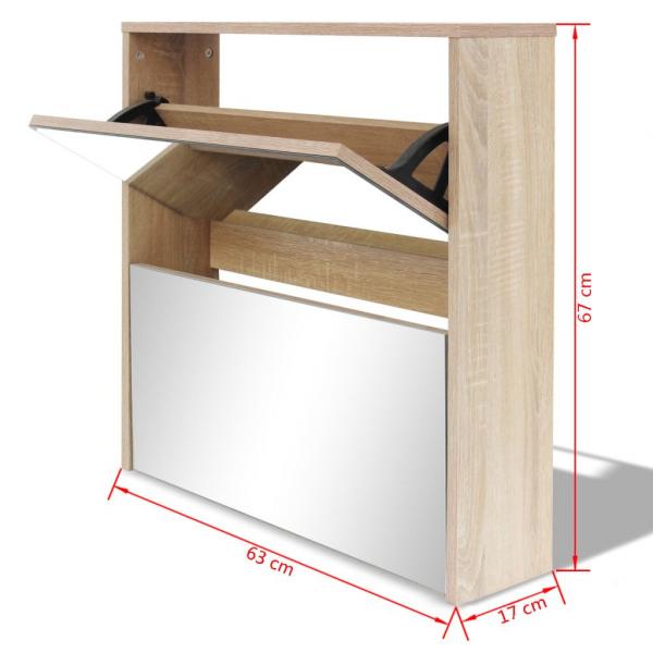 Schuhschrank mit 2 Fächern Spiegel Eiche-Optik 63x17x67 cm