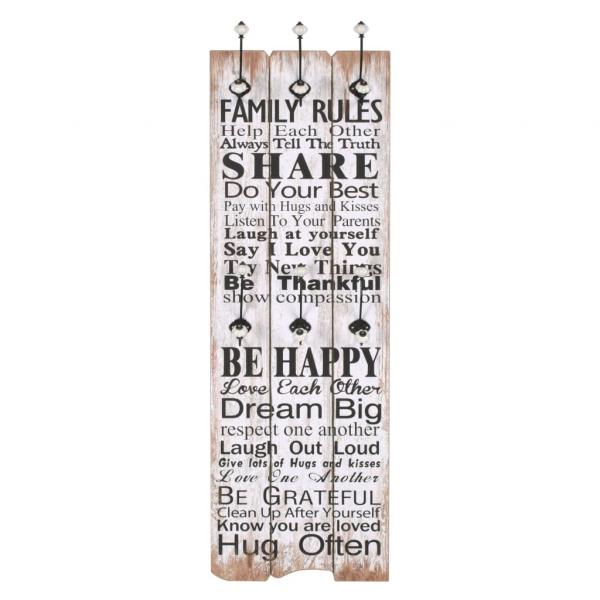 Wandgarderobe mit 6 Haken 120 x 40 cm "FAMILY RULES" 