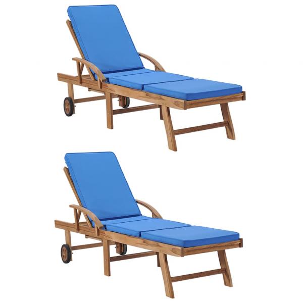 ARDEBO.de - Sonnenliegen mit Auflagen 2 Stk. Massivholz Teak Blau