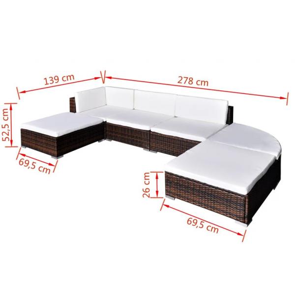 6-tlg. Garten-Lounge-Set mit Auflagen Poly Rattan Braun