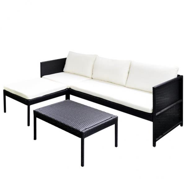 3-tlg. Garten-Lounge-Set mit Kissen Poly-Rattan Schwarz