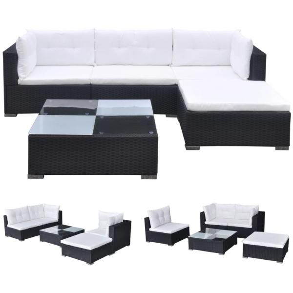 5-tlg. Garten-Lounge-Set mit Auflagen Poly Rattan Schwarz