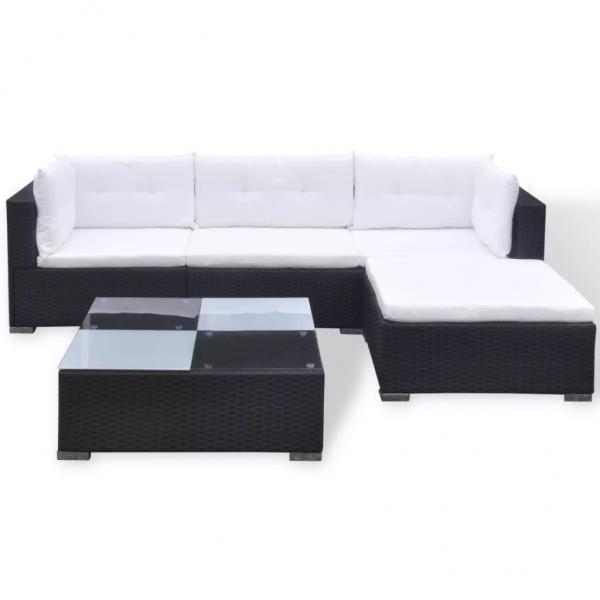 5-tlg. Garten-Lounge-Set mit Auflagen Poly Rattan Schwarz