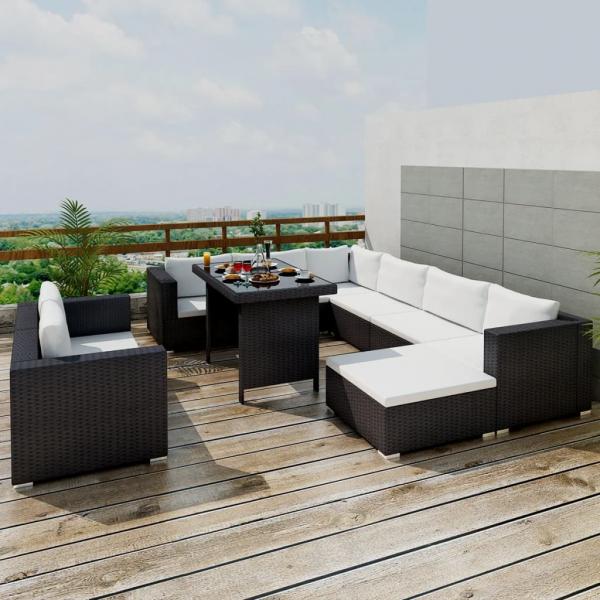 ARDEBO.de - 10-tlg. Garten-Lounge-Set mit Auflagen Poly Rattan Schwarz