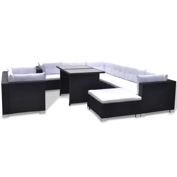 10-tlg. Garten-Lounge-Set mit Auflagen Poly Rattan Schwarz