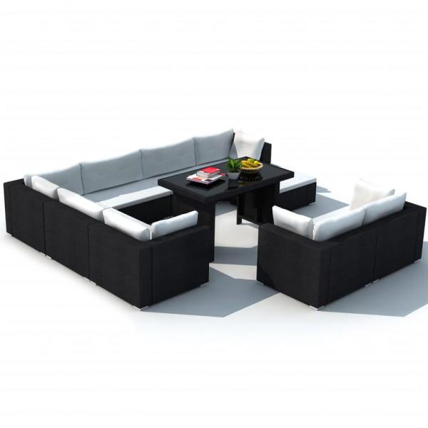 10-tlg. Garten-Lounge-Set mit Auflagen Poly Rattan Schwarz